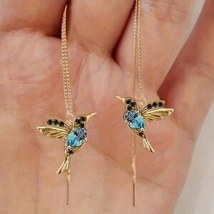 Elegant Gold and Blue Hummingbird Earrings